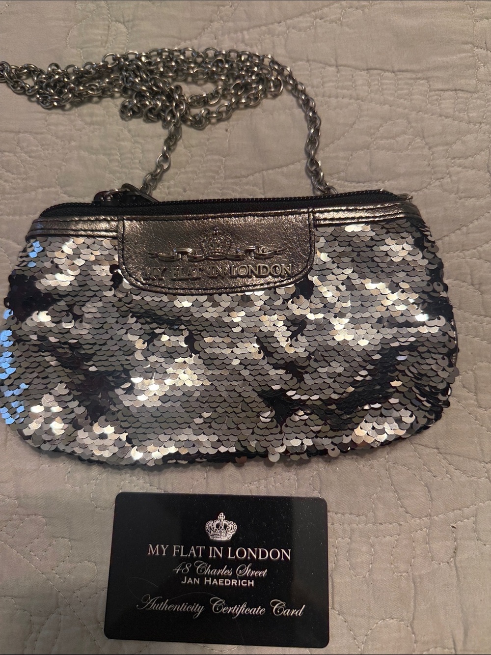My Flat in London Silver Sequin Wristlet with Chain Strap
